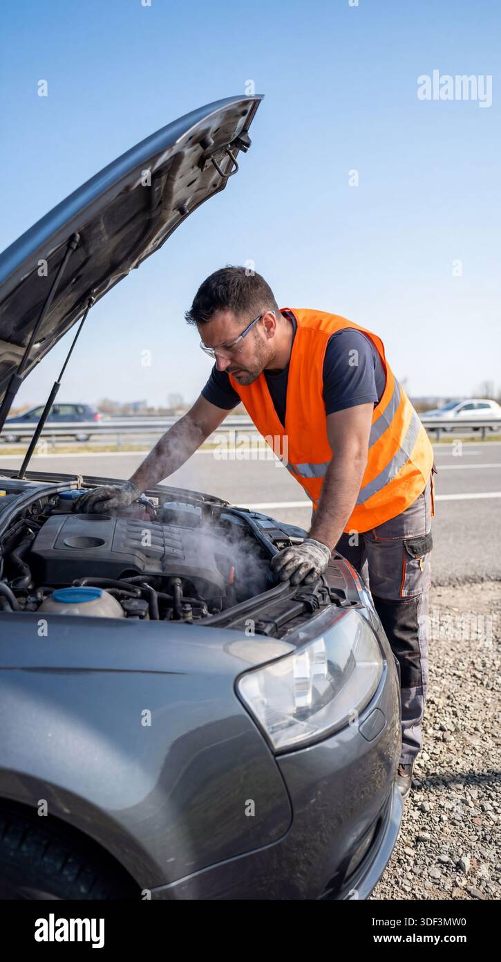 Mechanic in high-visibility vest inspecting car with bonnet open on the roadside