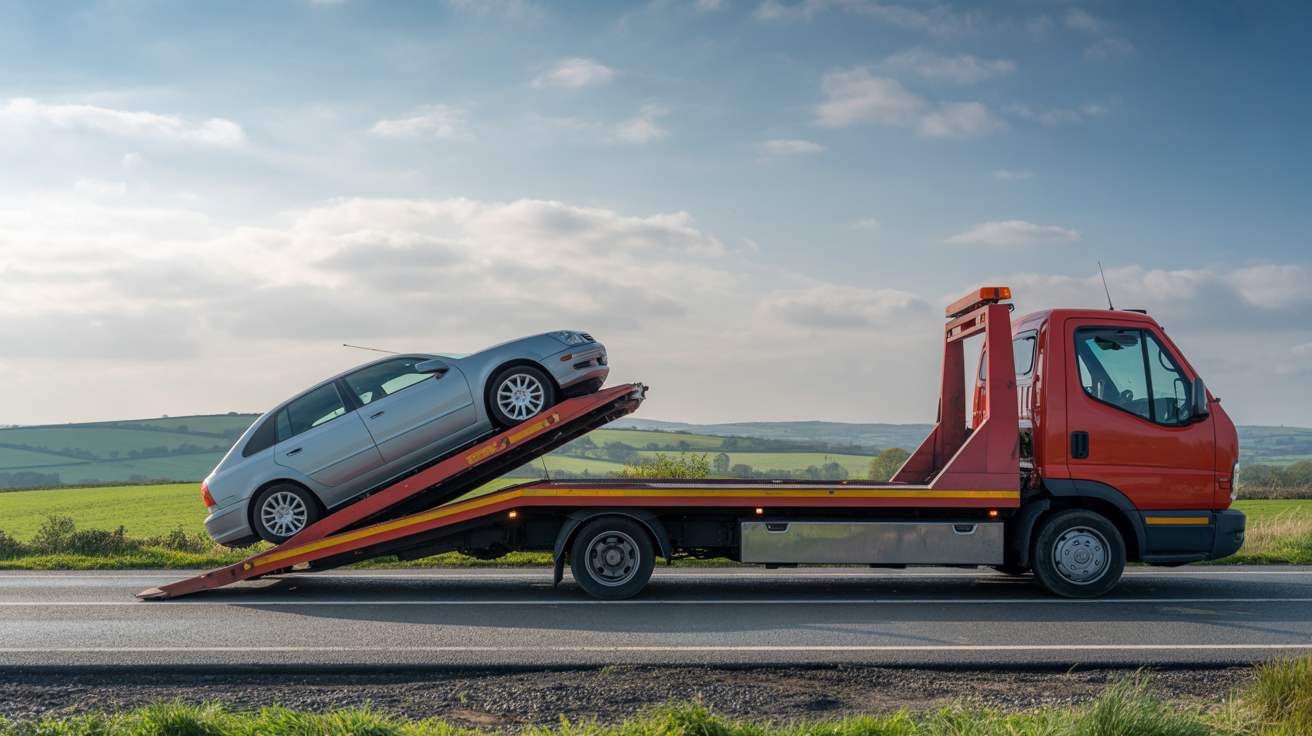 Professional flatbed recovery truck loading a broken down car in the Irish countryside