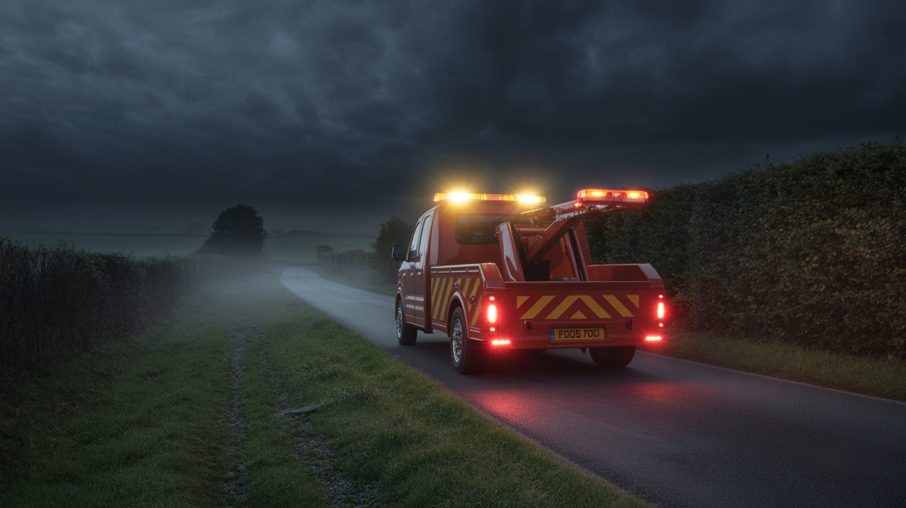 Roadside recovery tow truck at night on Irish road